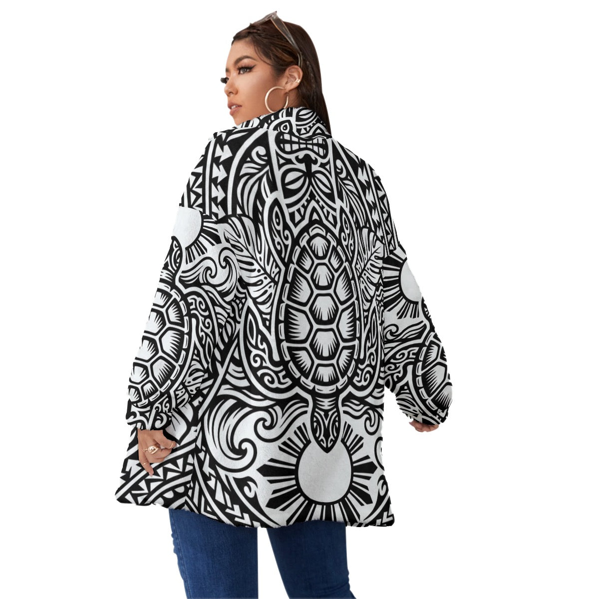 All-Over Print Unisex Borg Fleece Stand-up Collar Coat With Zipper Closure(Plus Size)