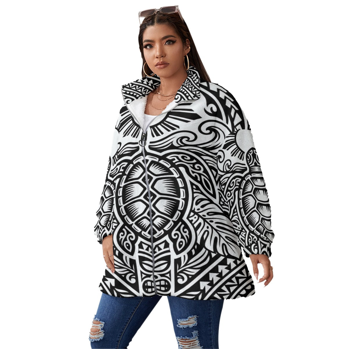 All-Over Print Unisex Borg Fleece Stand-up Collar Coat With Zipper Closure(Plus Size)