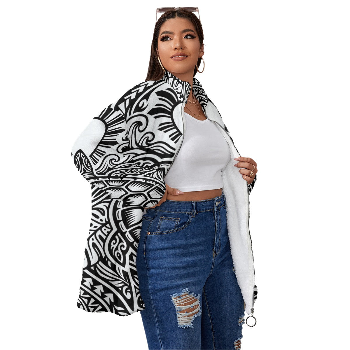 All-Over Print Unisex Borg Fleece Stand-up Collar Coat With Zipper Closure(Plus Size)